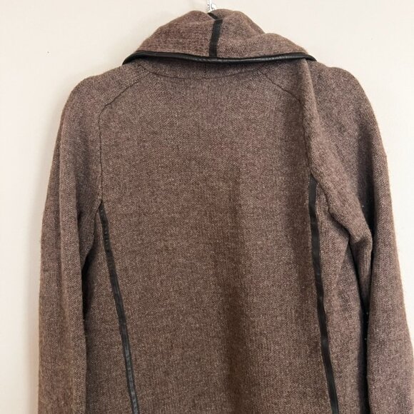 Vince Brown Leather Trim Cardigan Sweater yak wool open - Picture 5 of 8